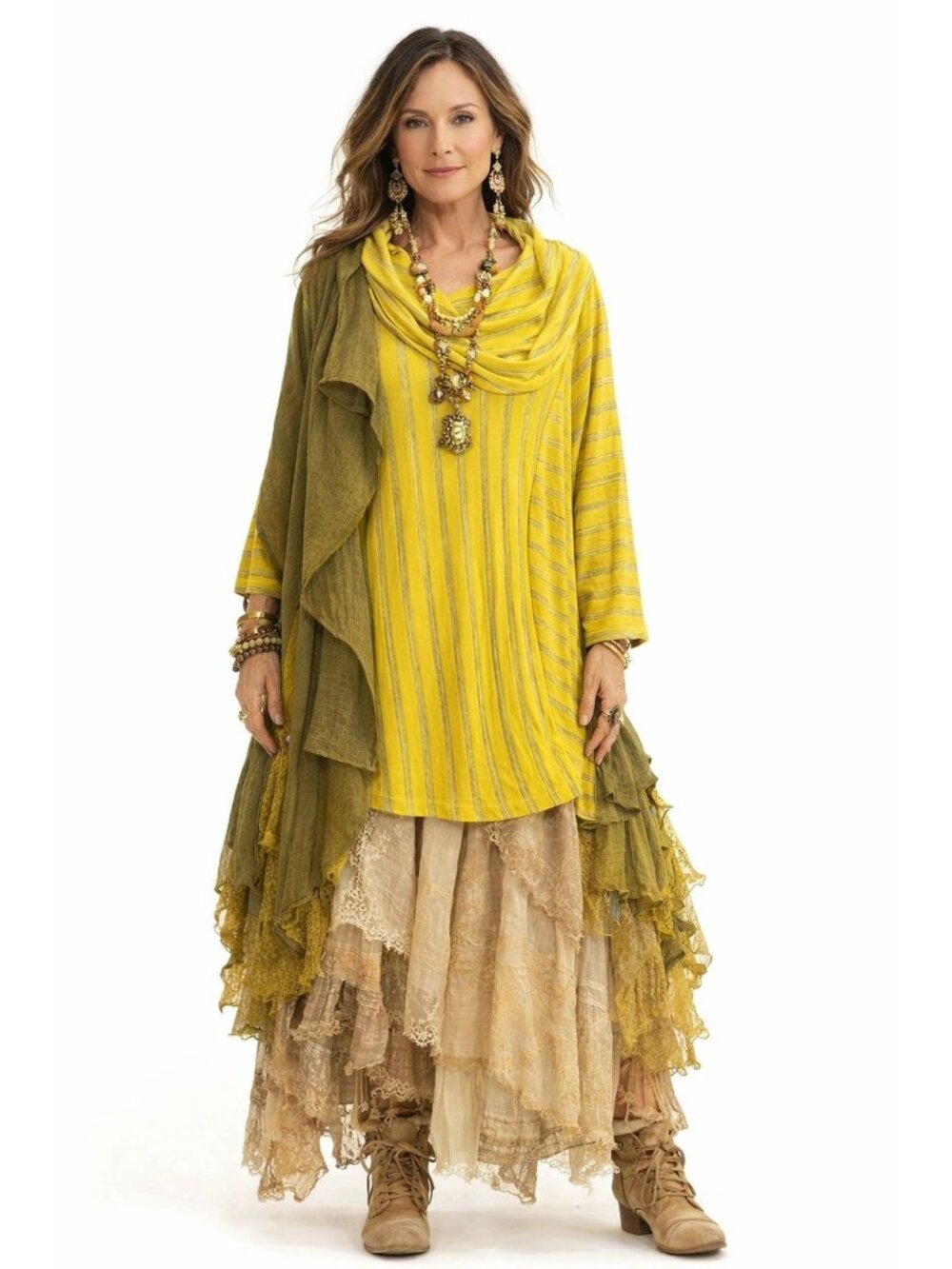 Ali Miles Yellow Striped Cowl Neck Lagenlook Boho Tunic Top Plus Size Womens 1X
